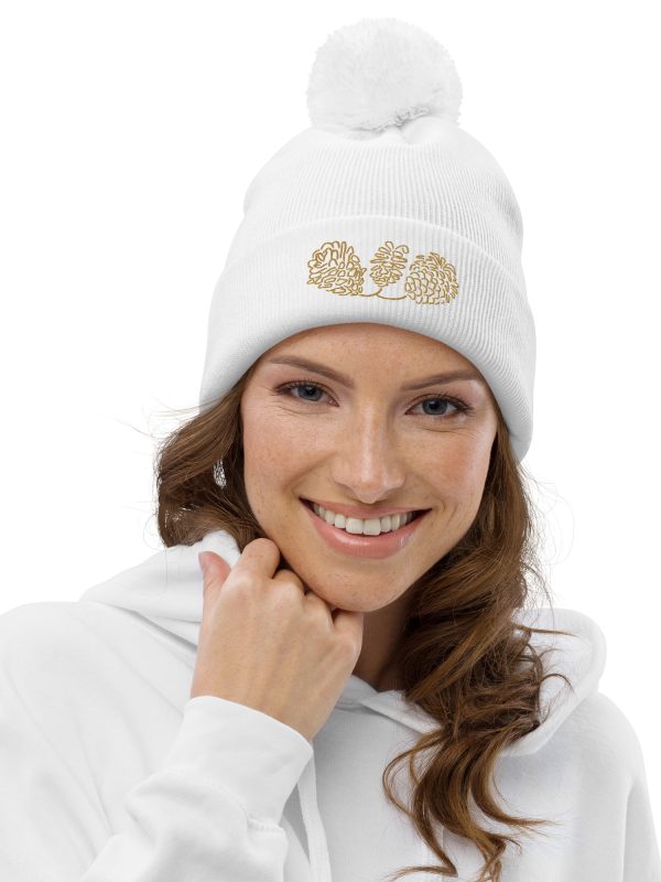 Bonnet a pompom femme motif brodé pomme de pin blanc