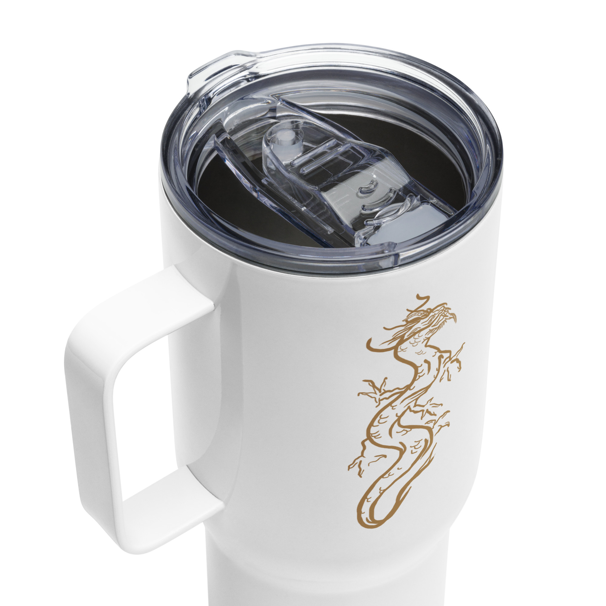 Grand Mug thermos Dragon — Or & Encre. Un mug isotherme en acier inoxydable, pour puiser dans sa force chaque jour.