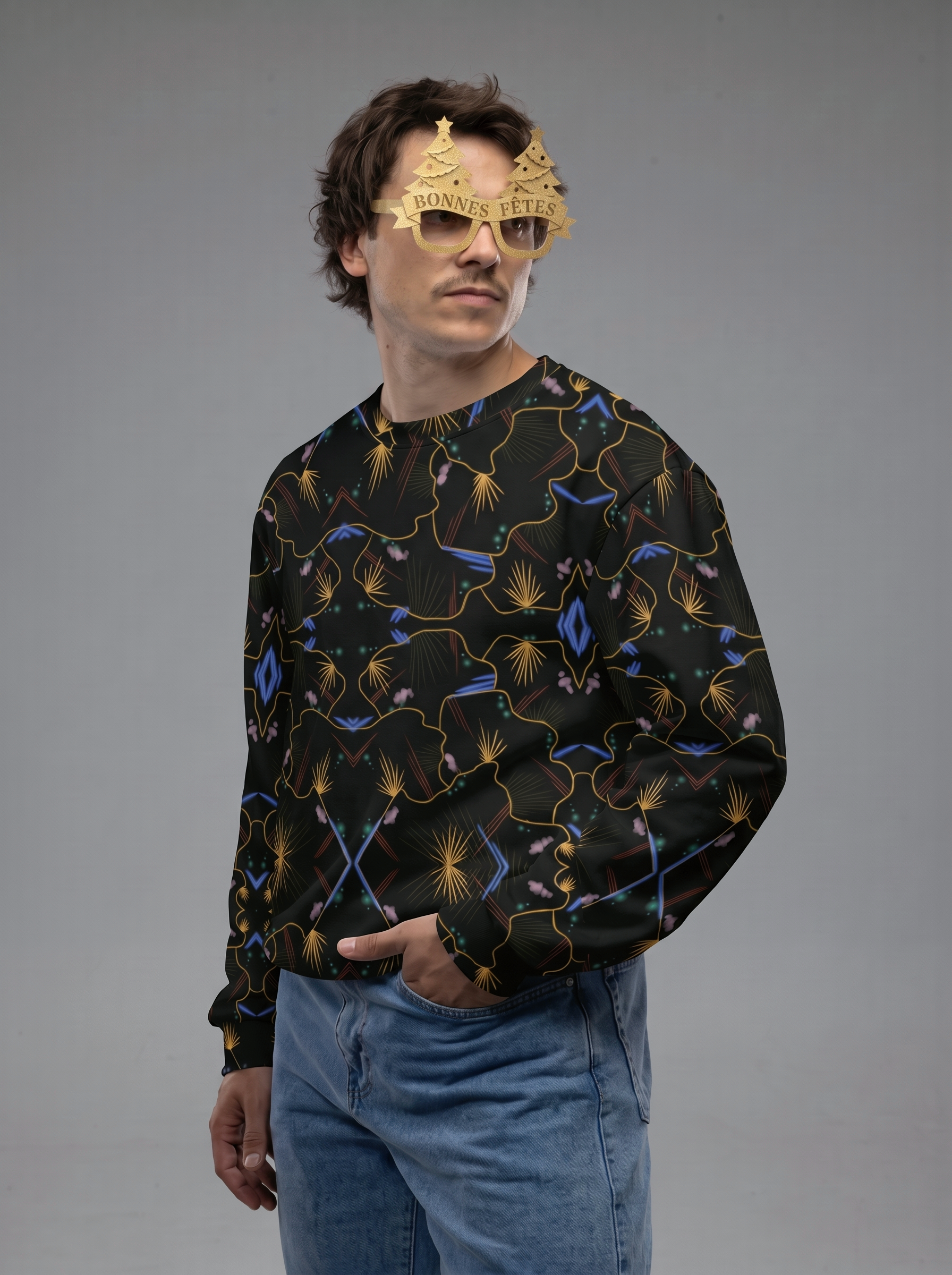 Pull de Noël Cosmos, oversize et noir, dans un esprit streetwear. Tissu épais et doux, conçu pour durer.