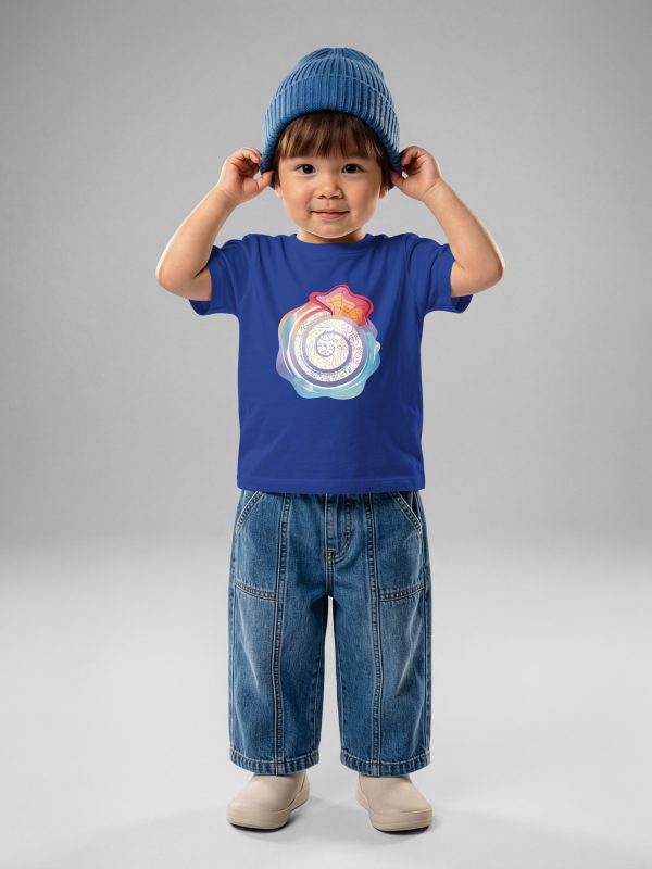 Tshirt jersey enfant Caracol, en coton doux et confortable, avec trois boutons-pression. Un imprimé joyeux pour habiller votre bébé. avec un motif inspiré des spirales et de l'imagination des enfants. Bleu foncé