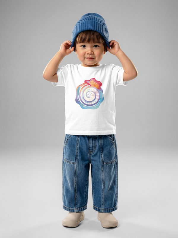 Tshirt jersey enfant Caracol, en coton doux et confortable, avec trois boutons-pression. Un imprimé joyeux pour habiller votre bébé. avec un motif inspiré des spirales et de l'imagination des enfants. Blanc