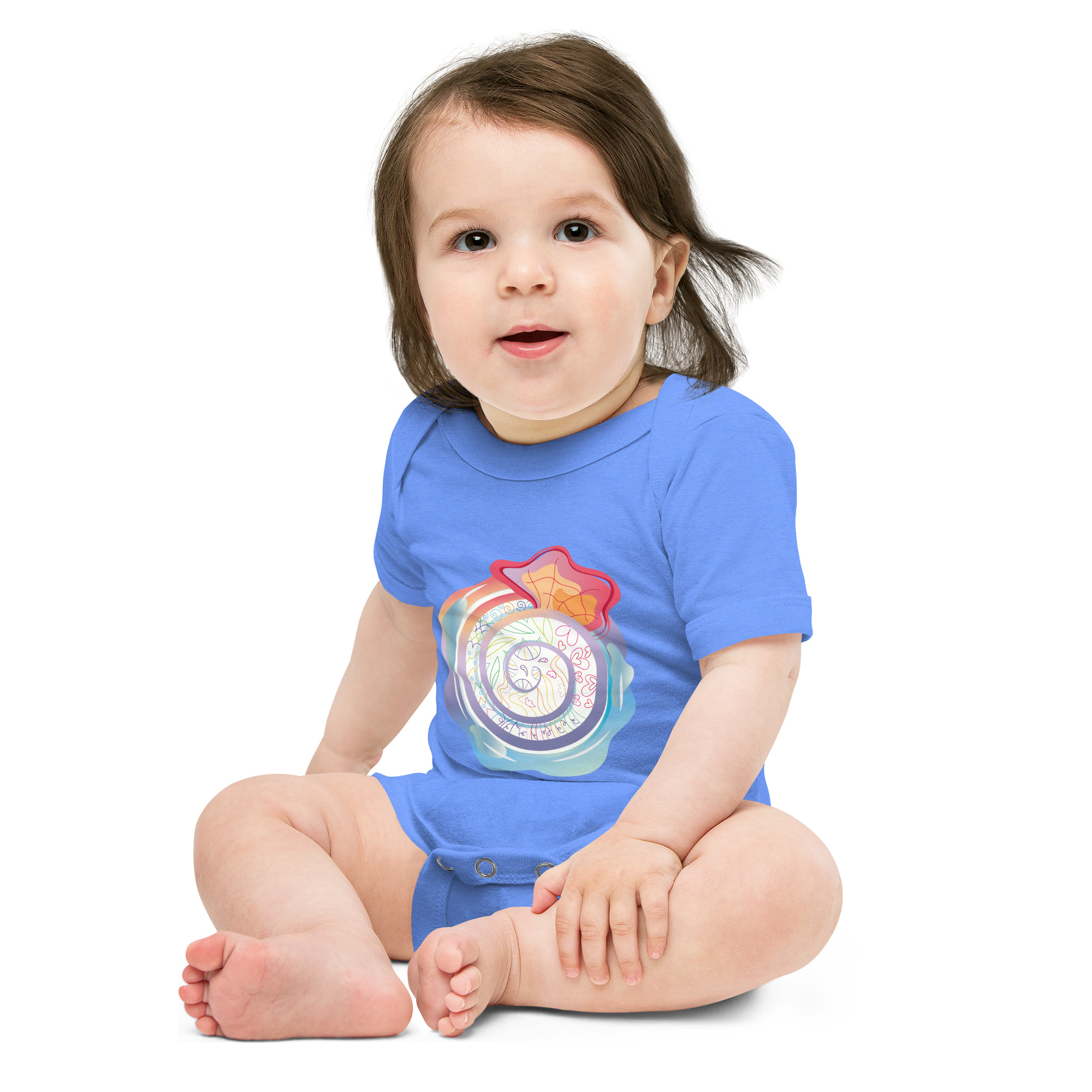 Body Bébé Caracol, en coton doux et confortable, avec trois boutons-pression. Un imprimé joyeux pour habiller votre bébé. avec un motif inspiré des spirales et de l'imagination des enfants. Bleu